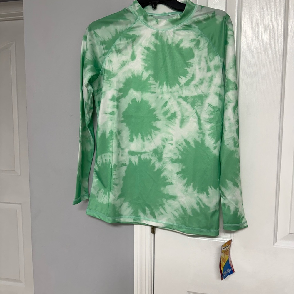 Kanu Surf Green and White Tie-Dye Long Sleeve One-Piece Swim Top